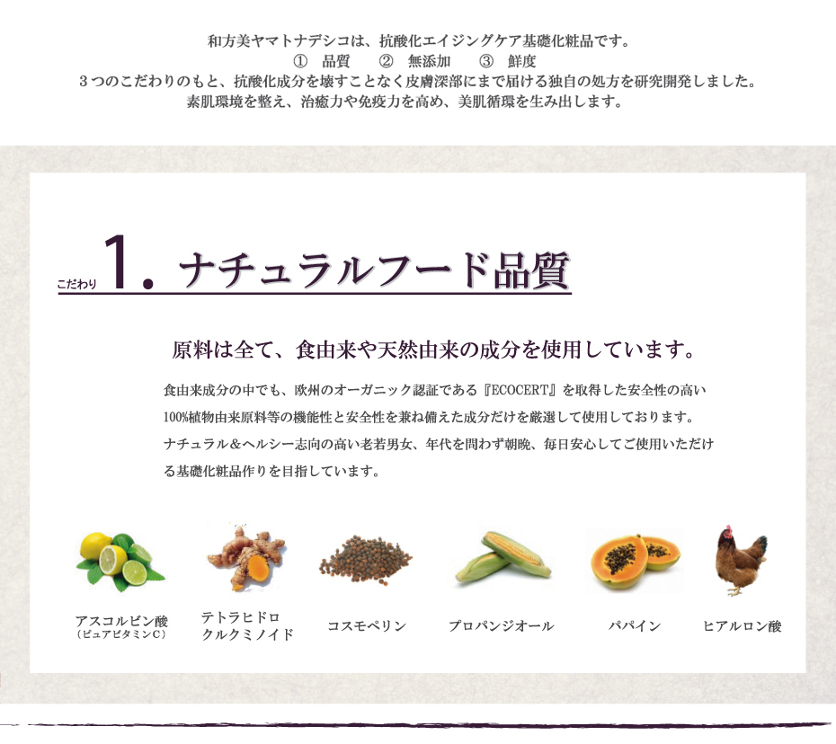 原料は全て、食由来または植物&天然由来の成分を使用しています。食由来成分の中でも、欧州のオーガニック認証である『ECOCERT』を取得した安全性の高い100%植物由来原料等の機能性と安全性を兼ね備えた成分だけを厳選
して使用しております。ナチュラル&ヘルシー志向の高い老若男女、年代を問わず朝晩、毎日安心してご使用いただける基礎化粧品作りを目指しています。